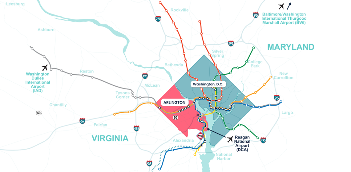 a map of the arlington to dc metro system