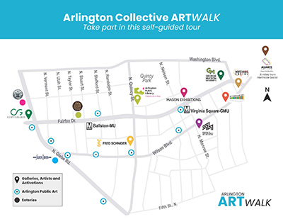 Map of the Arlington Collective ARTWALK showing a self‑guided route with marked stops for galleries, public art, and eateries.