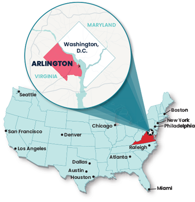 A map illustrating why Arlington's location makes it a strong choice for international companies.